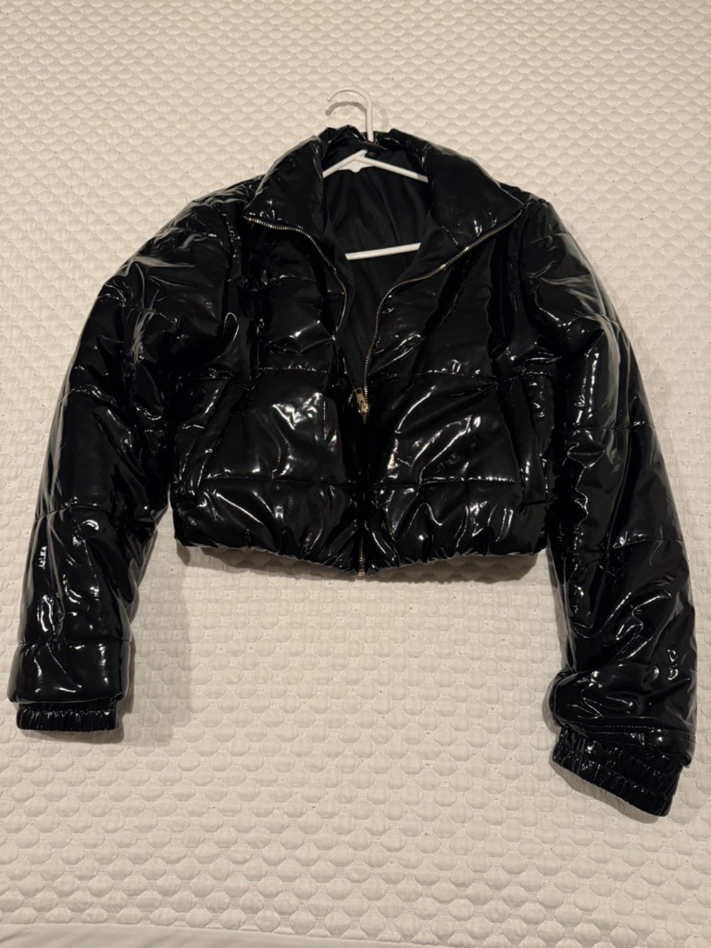 Black Patent Puffer Jacket - Women's Cropped Coat